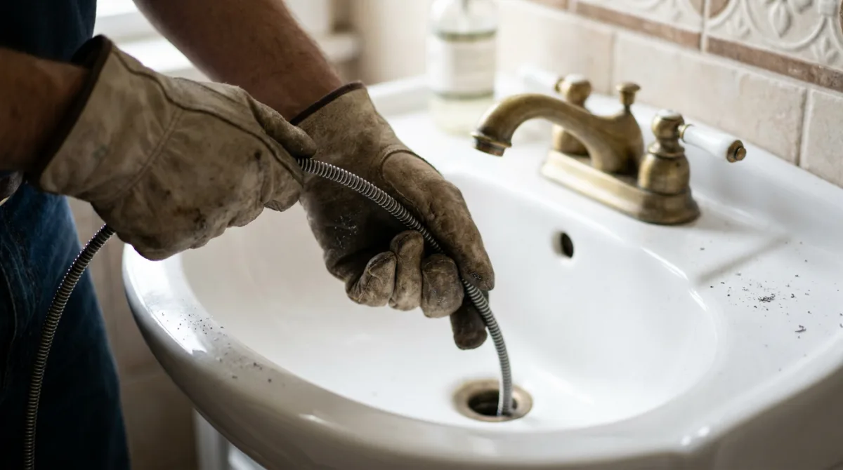 A gloved hand feeding a drain snake into a bathroom sink drain, grit scattered across the white basin